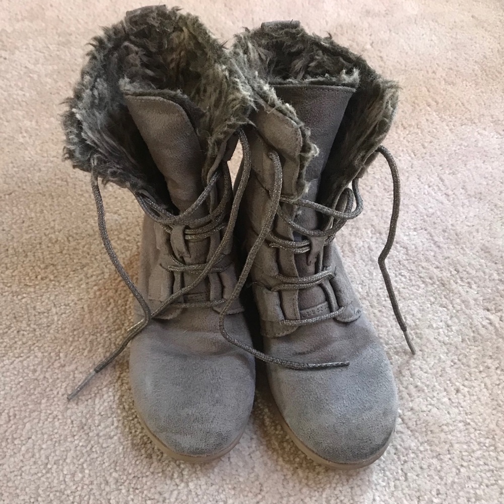 Stevies Gray Faux Fur Lined Side ZIP Lace Up Boots